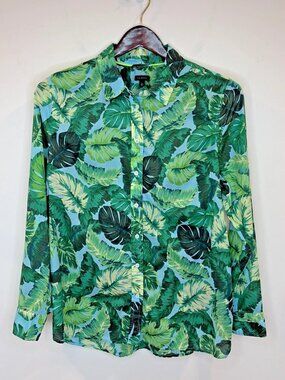 Talbots Womens XL Tropical Monstera Leaf Print Cotton Button Up Shirt Green Blue